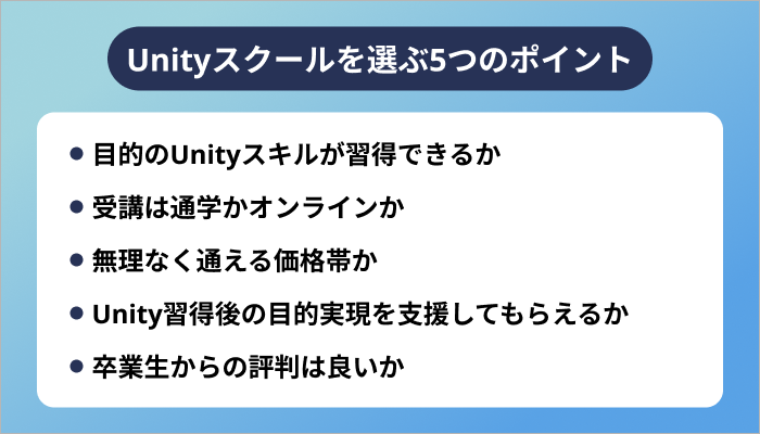 Unityスクールを選ぶ5つのポイント