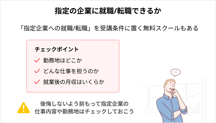 無料プログラミングスクールの主な受講条件:指定の企業に就職/転職できるか