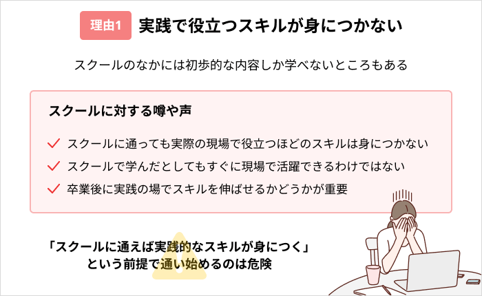 プログラミングスクールは「やめとけ」「無駄」と言われる理由：実践で役立つスキルが身につかない