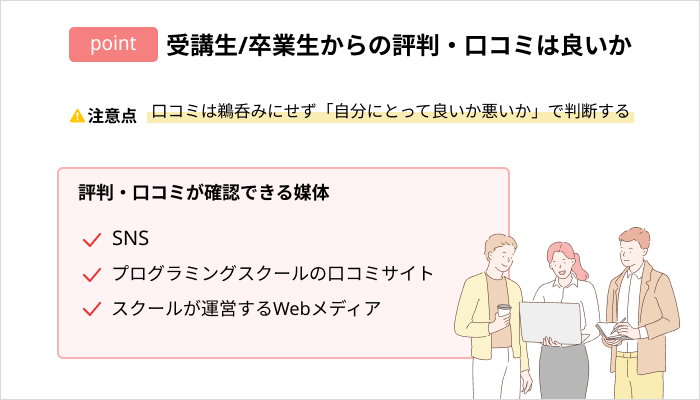 プログラミングスクールの選び方:卒業生からの評判・口コミは良いか