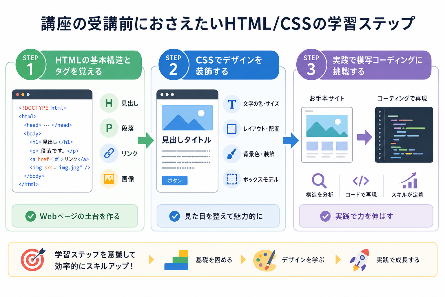 講座の受講前におさえたいHTML/CSSの学習ステップ